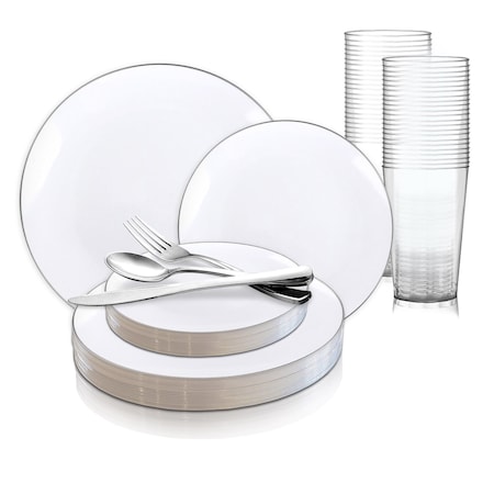 Smarty Had A Party White with Silver Rim Organic Round Disposable Plastic Wedding Value Set, 360PK 930WHSVS60